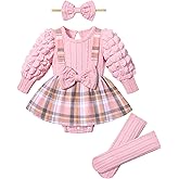 Queenstyle Baby Girl Clothes Dress Fall Winter Outfits Set Puff Sleeve Plaid Romper with Headband Stockings