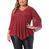 Agnes Orinda Plus Size Women's Ruffle 3/4 Sleeve Tunic Tops V Neck Double Layers Loose Fit Mesh Blouses Shirt