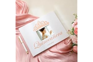 MotiMind Quinceañera Guest Book with Pen 11 x 8 Inch Libro De Firmas Para 15 Años Quinceanera Leather Hardcover Signature Book Guest Sign in for 15th Party Favors Decoration(White Rose Gold,Crown)