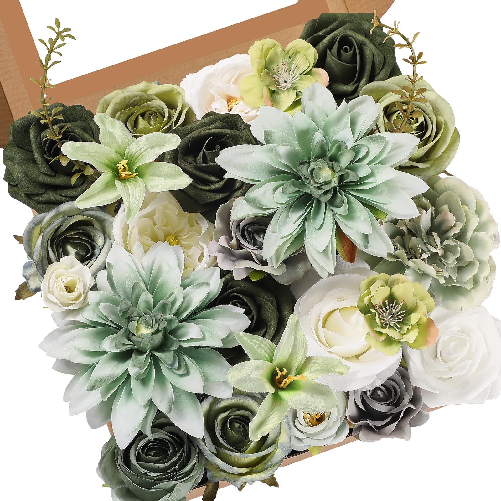 Serwalin Green Artificial Flowers Box Set, Silk Flowers with stems, Realistic Fake Cake Flowers for Wedding Bouquets Centerpieces Decor Baby Shower Decoration(Green)