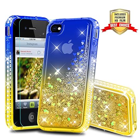 Atump iPhone 4 / 4S Glitzer Handyhülle mit HD Folie Schutzfolie, Schutzfolie Cover TPU Bumper Silikon Flüssigkeit Treibsand S