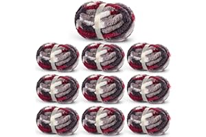 10 Pack Fluffy Chunky Chenille Yarn for Crocheting, Jumbo Chunky Blanket Yarn for Hand Knitting, 240yds/70.5oz Super Bulky Variegated Baby Blanket Yarn(White-Grey-Wine Red)