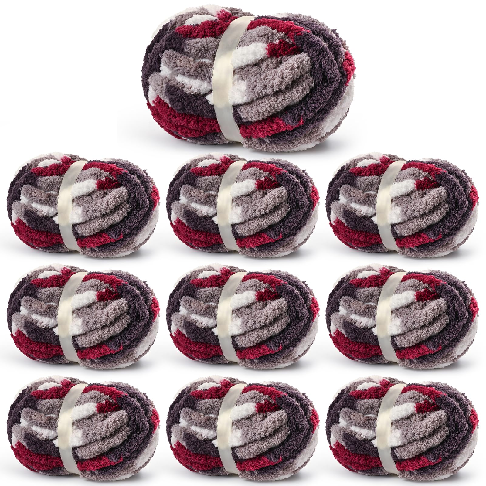 Photo 1 of 10 Pack Fluffy Chunky Chenille Yarn for Crocheting, Jumbo Chunky Blanket Yarn for Hand Knitting, 240yds/70.5oz Super Bulky Variegated Baby Blanket Yarn(White-Grey-Wine Red)
