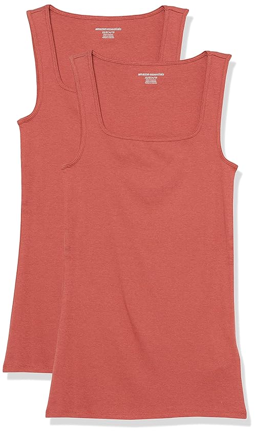 Amazon Essentials Women's Slim Fit Square Neck Tank Top, Pack of 2, Brick Red, Large