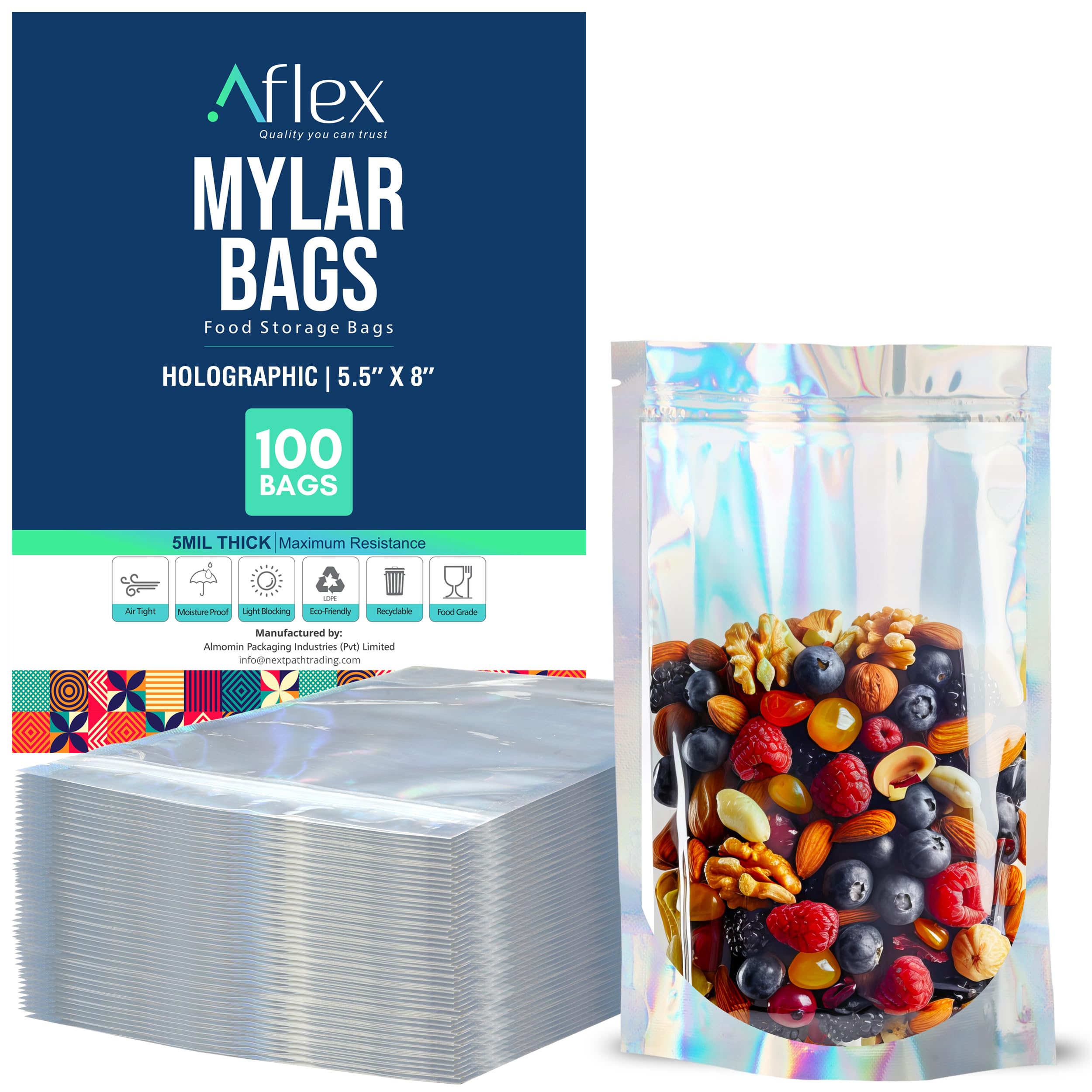 Photo 1 of AFLEX 100 Pack Resealable Mylar Bags for Food Storage, Premium Quality Mylar Food Storage Bags, Holographic Bags for Candy, Resealable Bags for Packaging Cosmetics, Medicines & Jewelries (5.5" x 8")