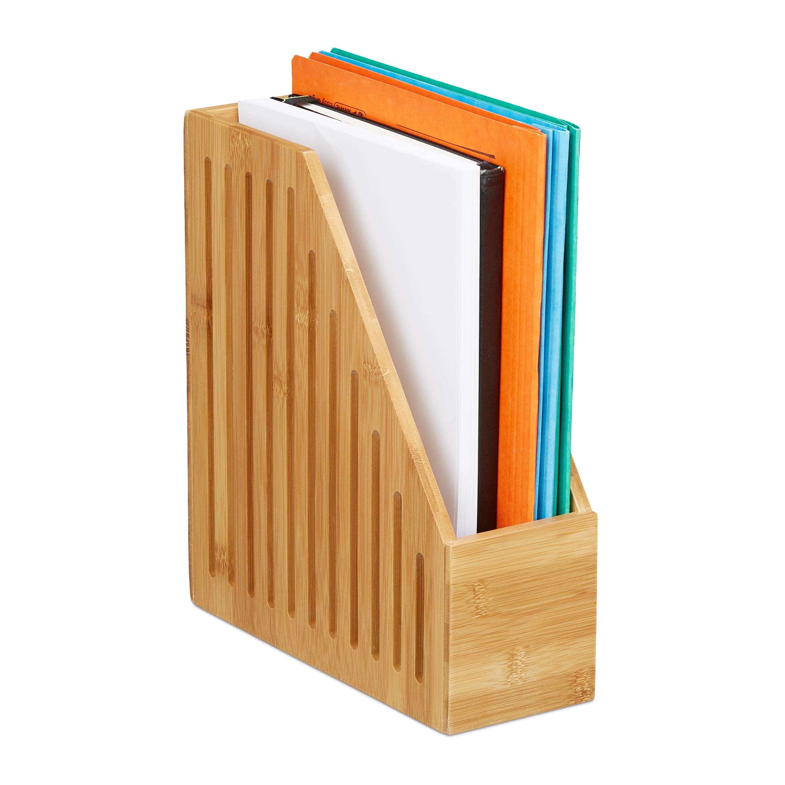 Relaxdays Bamboo Magazine File Holder, A4 Document Storage Rack, Office Desk Organiser, HxWxD: 30x10x26.5 cm, Natural