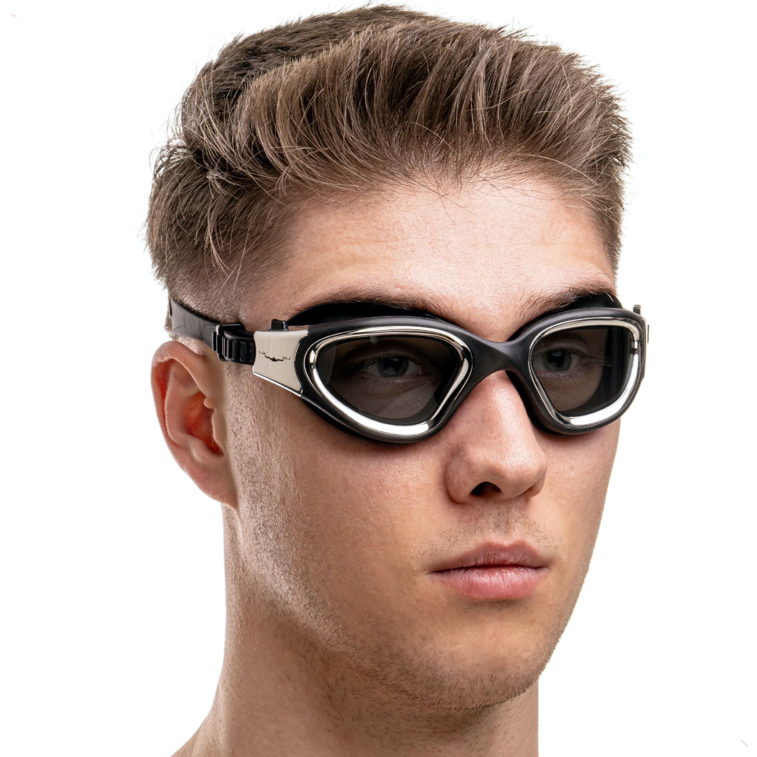 AqtivAqua Swimming Goggles Adult and Kids Goggles Kids 6-14 Men Women Swim Children Boys Girls Polarized DX-P (Metallic Silver B, Black case, Polarised lens)