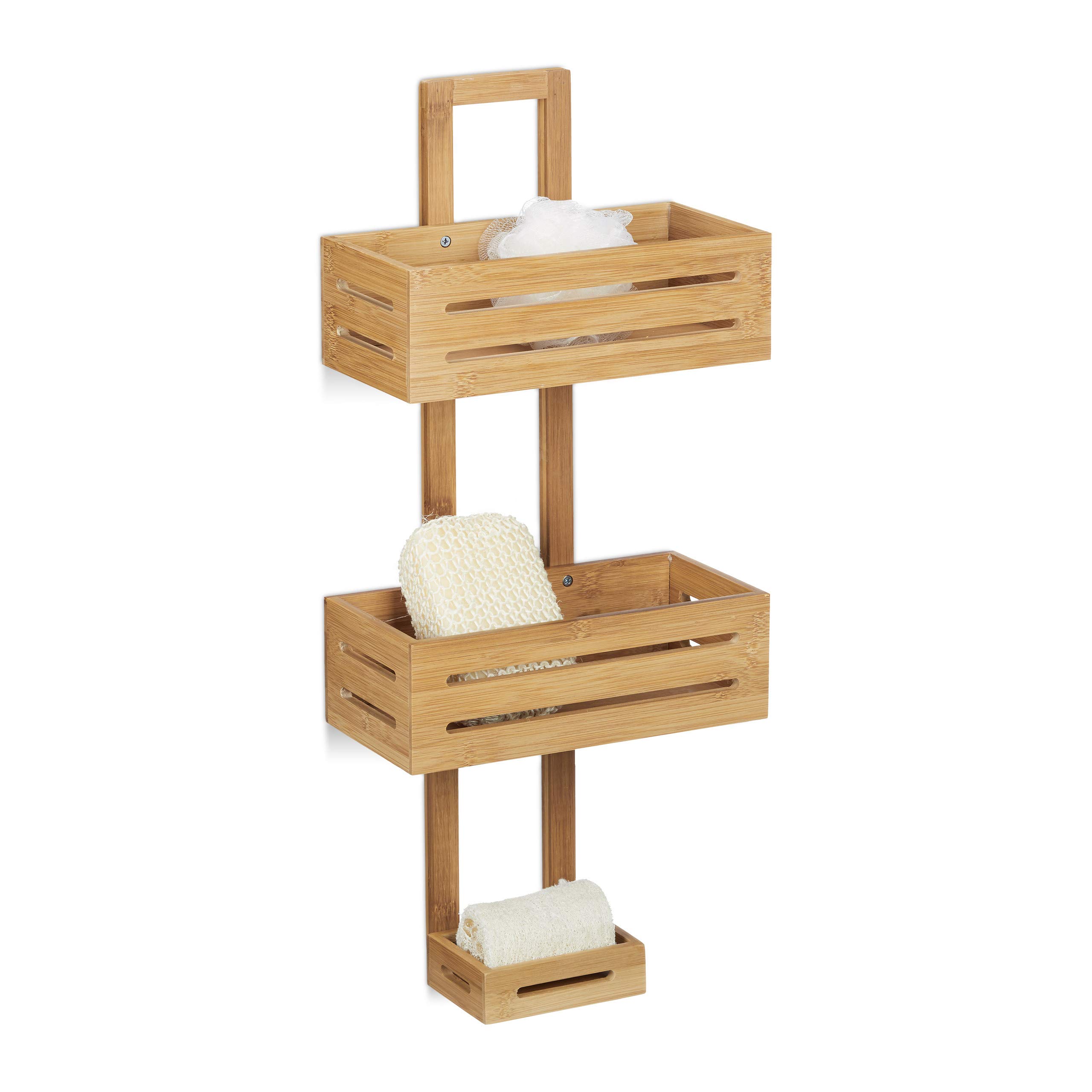 Relaxdays Bamboo Shower Caddy Size: 65 x 28 x 15.5 cm Shower Shelf Wooden Hanging Shower Rack with 3 Shelves Shower Baskets for Hanging in the Bathroom Rust-Proof Bath Caddy, Natural Brown