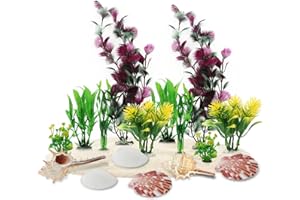 PietyPet Aquarium Decorations Plants, 16pcs Aquarium Decor Colorful Plants with Natural Shells, Fish Tank Accessories, Fish Tank Plant Plastic Decoration for Aquariums
