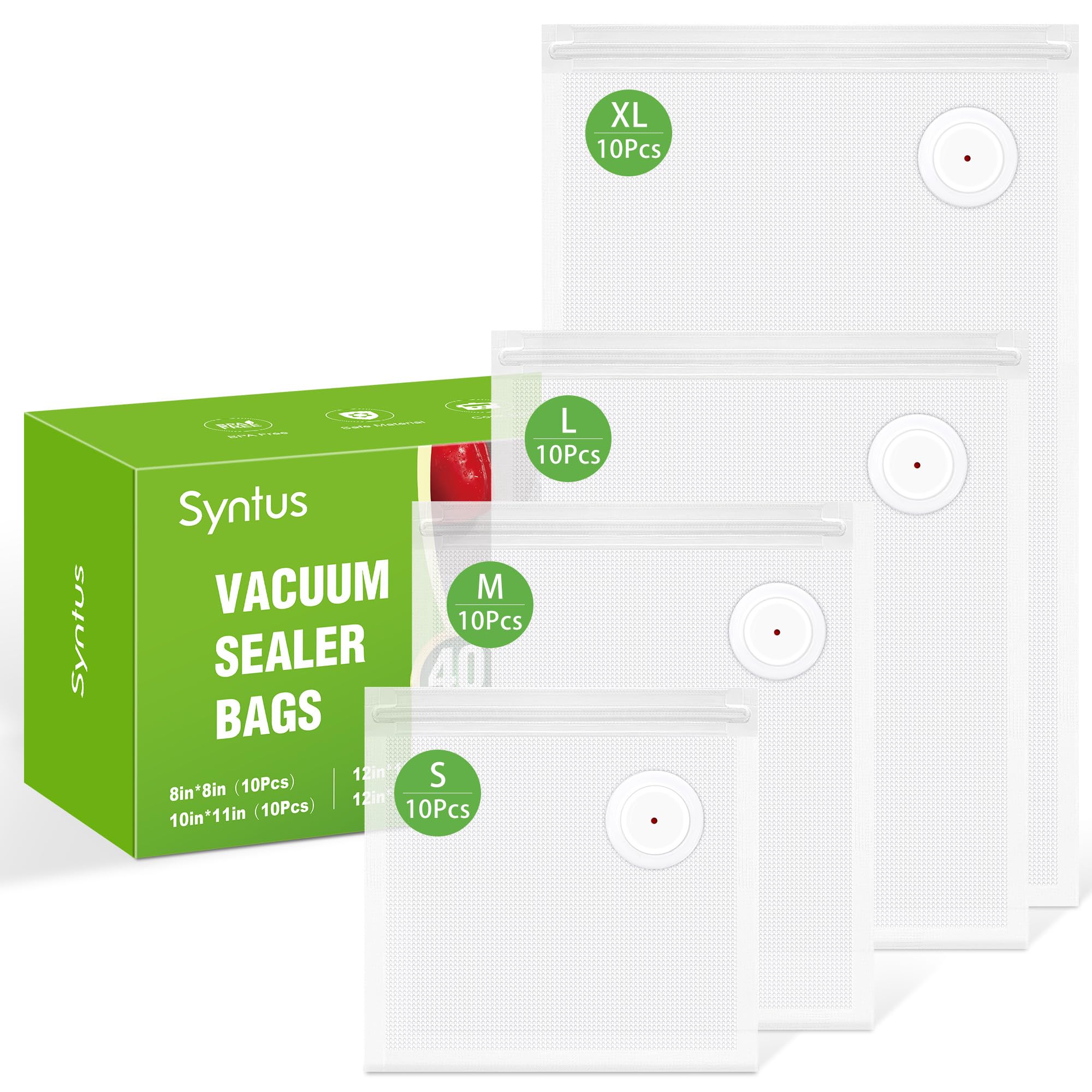 [2026 Upgraded] Syntus Vacuum Sealer Bags for Food, 40 Pcs (S+M+L+XL) 8" x 8" and 10" x 11" and 12" x 13" and 12" x 19" Food Storage Bags for Sous Vide Cooking Microwave Heating, Air Valve Zipper Bags Image