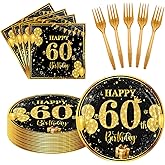 LDFDRT 60th 7 inch Birthday Party Paper Plates and Napkins Forks 60 pcs Black Gold Decorations for Boys Girls Tableware Set for Birthday Anniversary Party Supplies,Serve 20