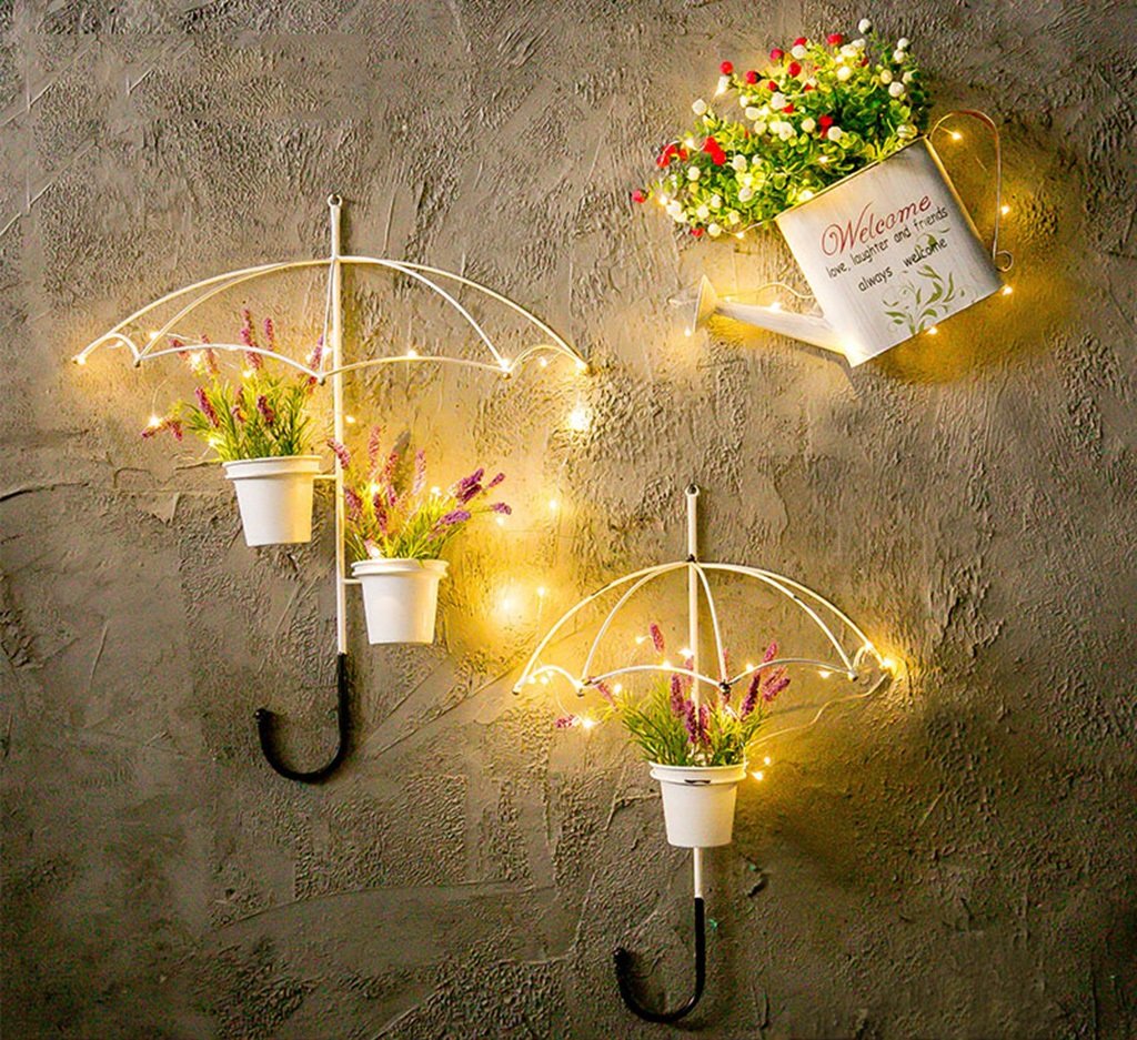 B07c2lj6xb Plant Racks Flower Shelf フラワースタンド鍛造アイアンフラワースタンド壁ハンギング牧歌的な傘の壁の装飾花屋バーカフェウォールデコレーションライトスリーピース フラワースタンド園芸ラック 人気特価激安