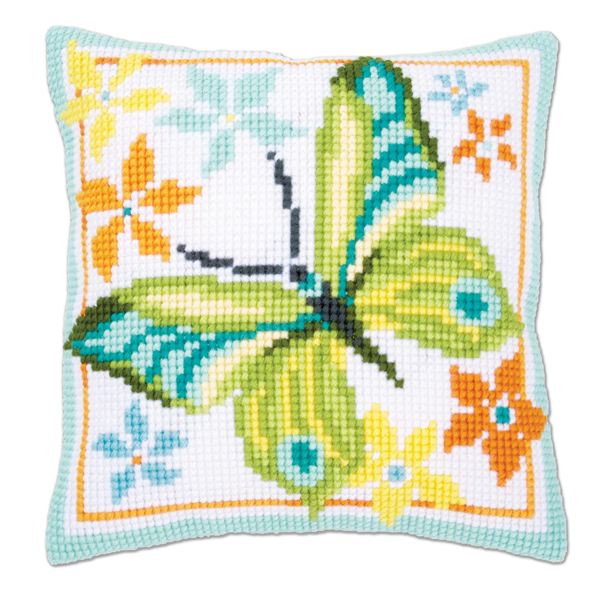 Vervaco Green Butterfly Cross Stitch Cushion Kit, Multi-Colour