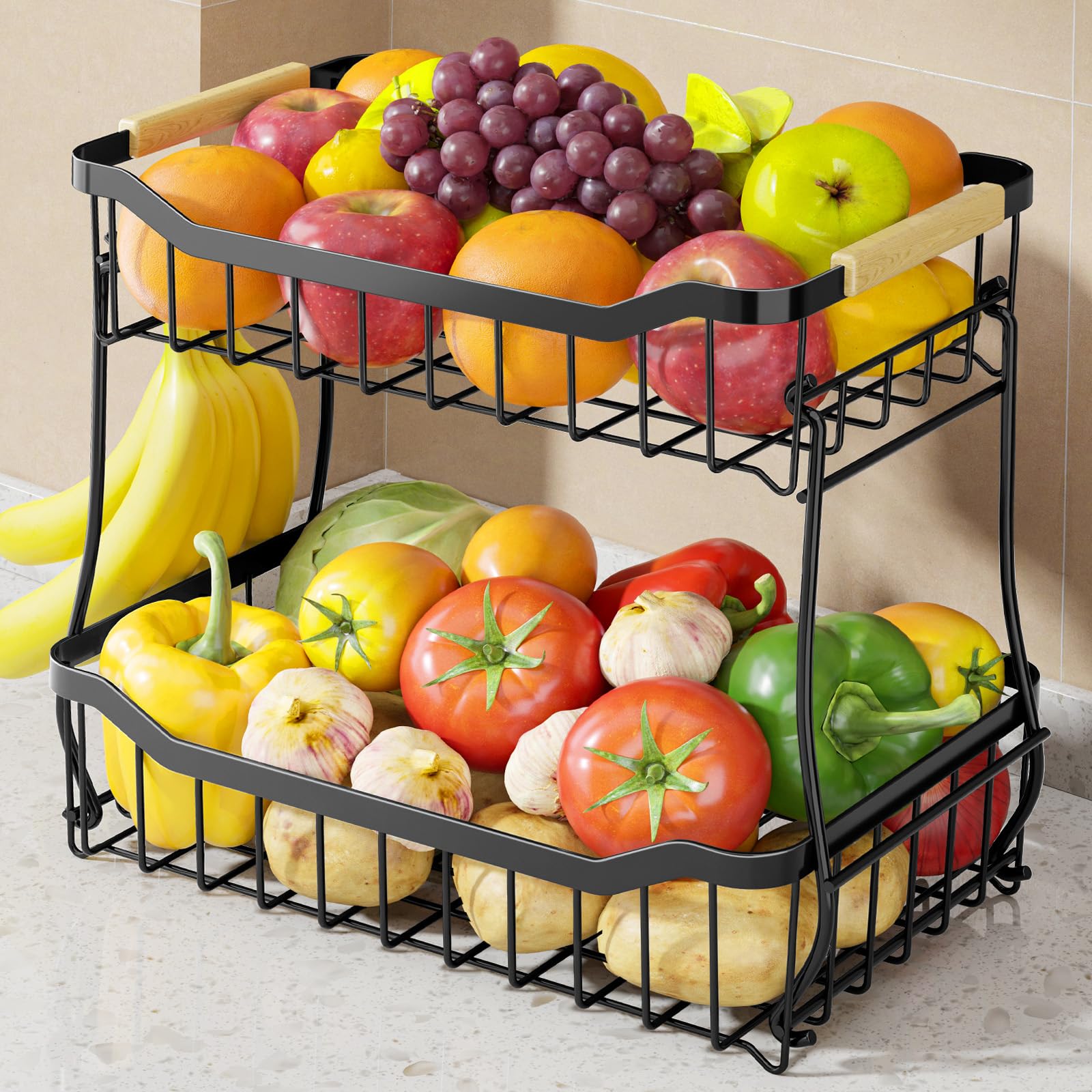 Photo 1 of Sakugi Fruit Basket for Kitchen Counter - 2 Tier Detachable Fruit Vegetable Basket with Banana Hanger, Metal Countertop Fruit Stand with Wooden Handle, Black, ,7.3" D x 11.2" W x 10.3" H