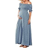 Floral Maternity Dress Square Neck Puff Sleeve Smocked Boho Photoshoot Baby Shower Pregnancy Dresses