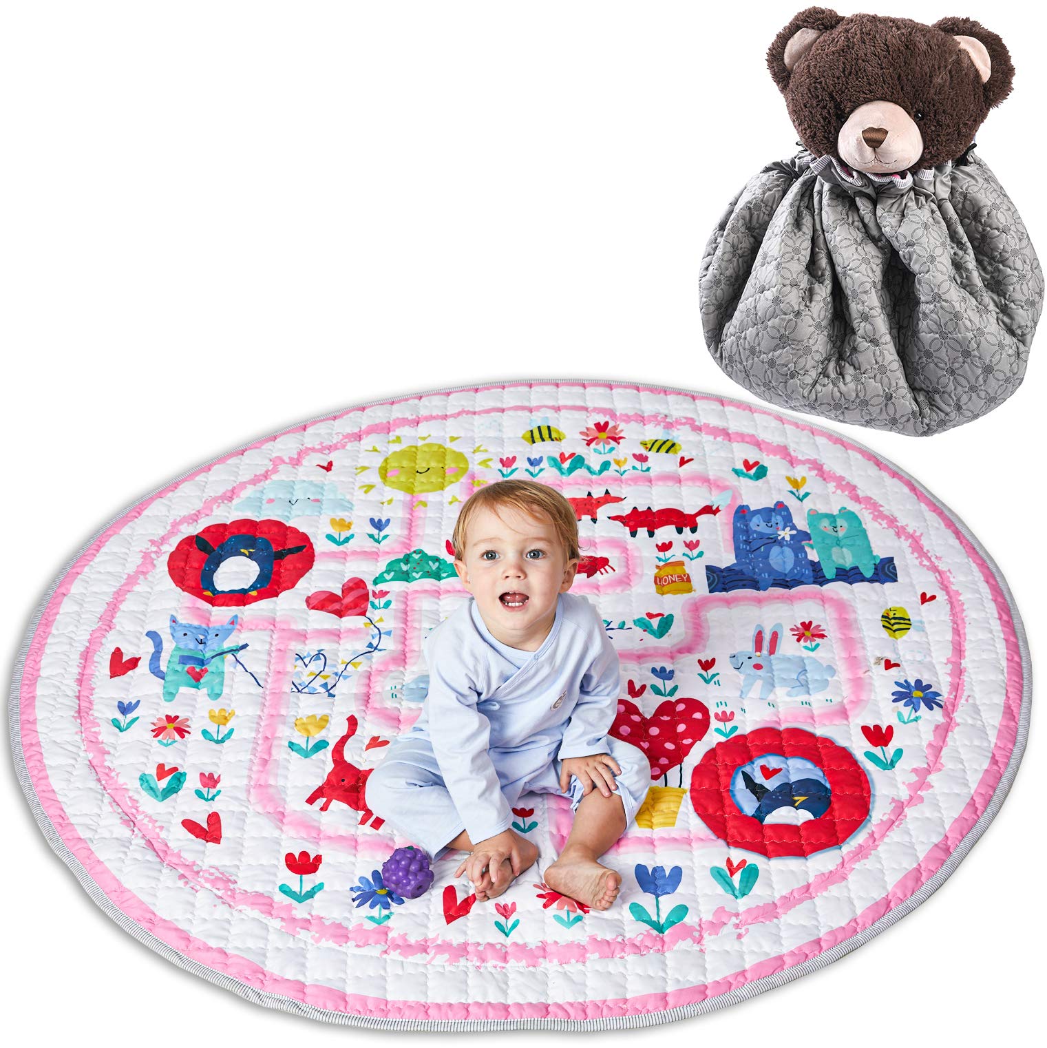 Winthome Baby Play Mat Round, Non-Slip Gym Play Mat Toy Storage - Washable Crawling Mat 59'' (Pink)
