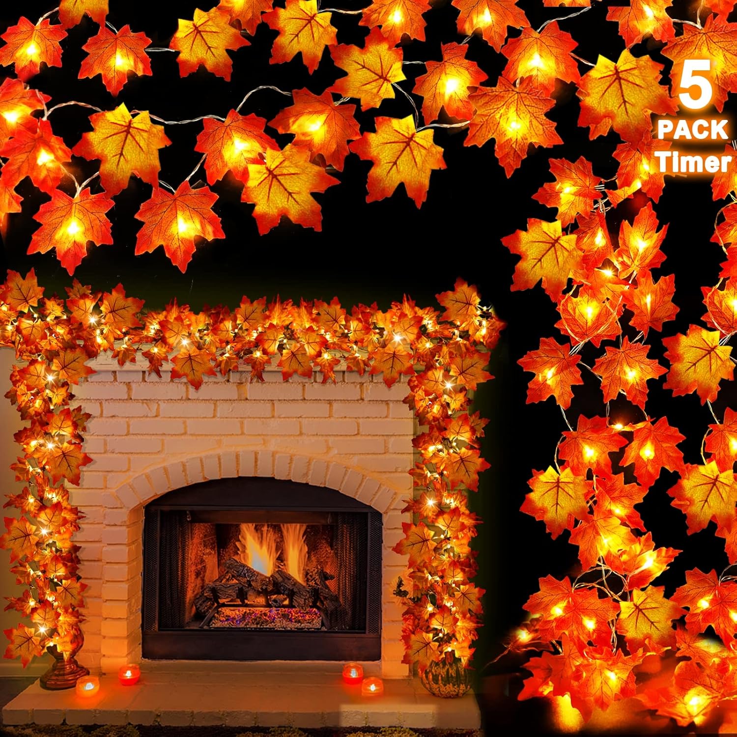 Wreaths, Garlands & Swags - [ 5 Pack & Timer ] Fall Garland Lights Fall Decor Total 100LED 50Ft Enlarged Maple Leaf String Lights Thanksgiving Autumn Fall Decorations Home Waterproof Battery Operated Indoor Outdoor Halloween