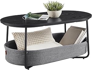 VASAGLE Couchtisch oval, Tisch mit Stauraum, Beistelltisch, Wohnzimmertisch mit Korb aus Stoff, modern, Metallrahmen, tintenschwarz-schiefergrau LCT222B56