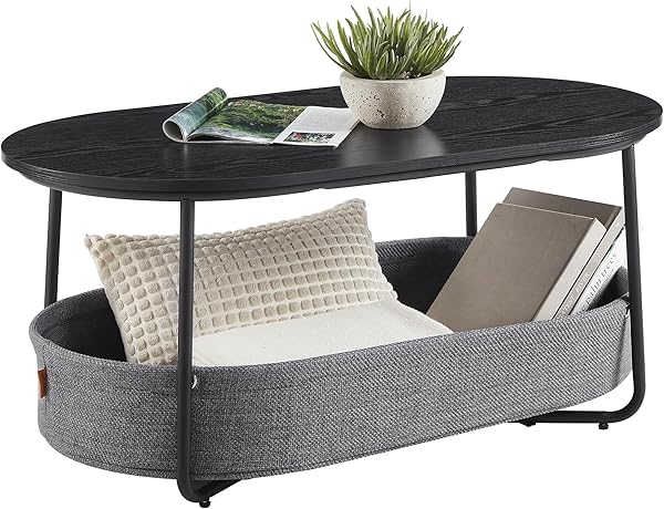 VASAGLE Couchtisch oval, Tisch mit Stauraum, Beistelltisch, Wohnzimmertisch mit Korb aus Stoff, modern, Metallrahmen, tintenschwarz-schiefergrau LCT222B56
