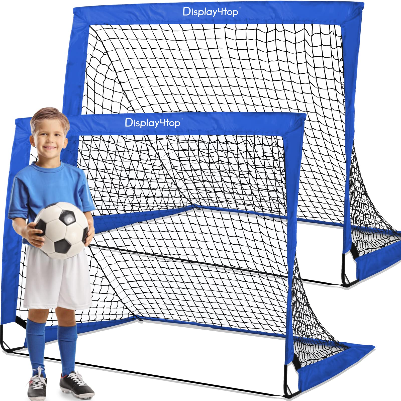 Display4top Set of 2 Football Goal with Carry Bag, Footballs Net for Kids Teens, Foldable Pop-up Goals Indoor Outdoor Sport Training for Garden, Park, Backyard, Playground, Beach, Blue