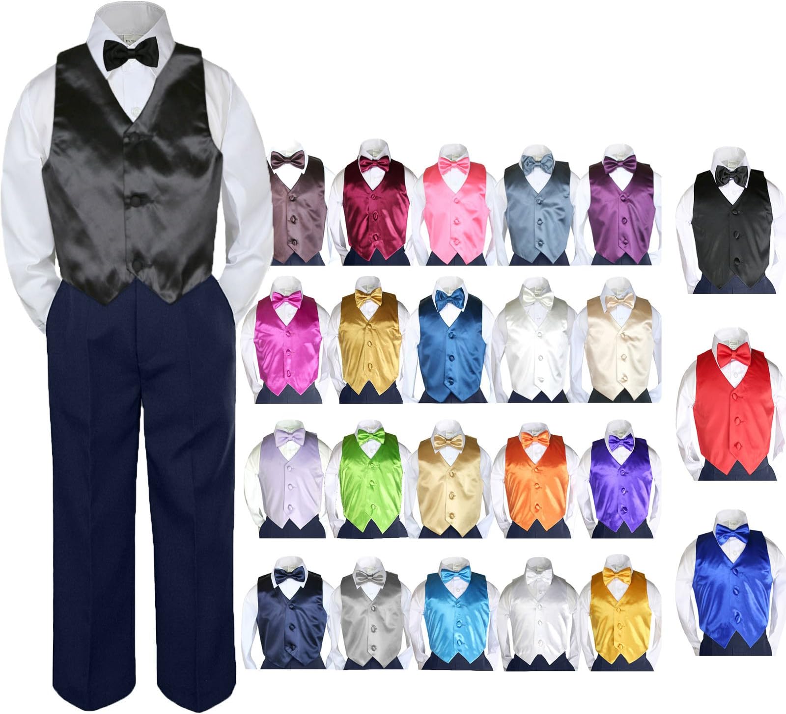 4pc Baby Toddler Boy Party Suit Tuxedo Navy Pants Shirt Vest Bow tie Set Sm-4T