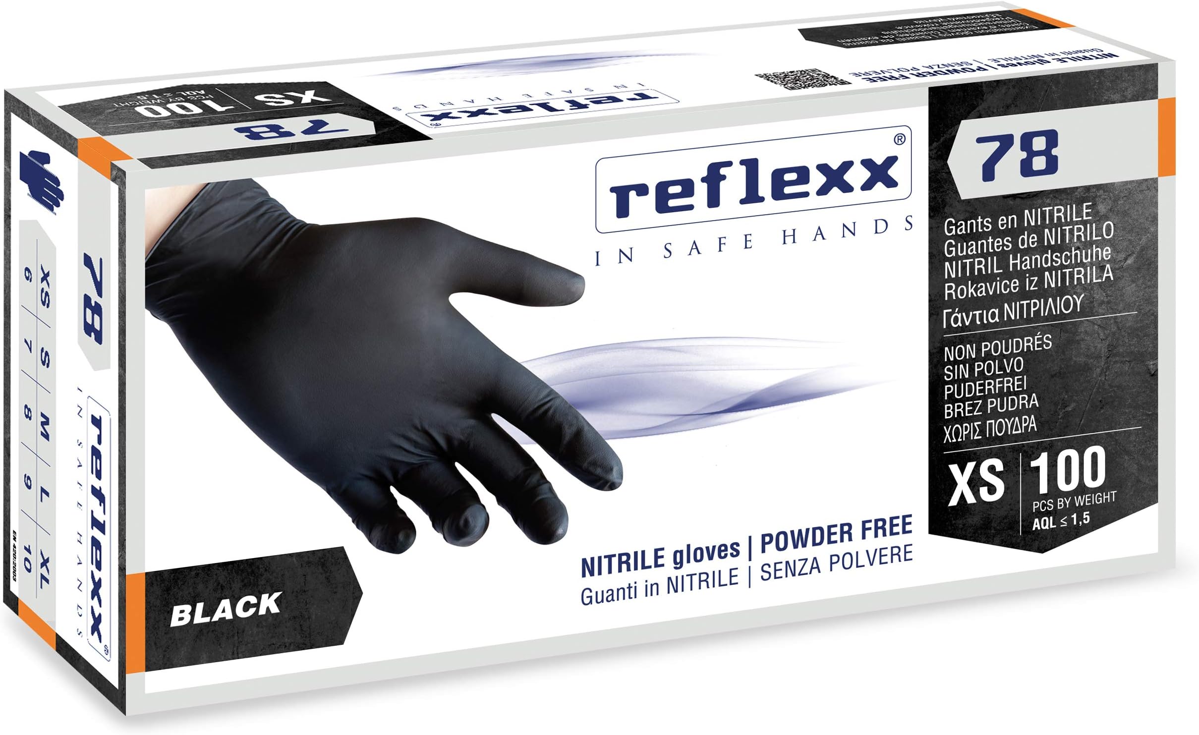 Reflexx R78/XS Powder free nitrile gloves gr 4.0, Size X-Small, Black (Pack of 100)