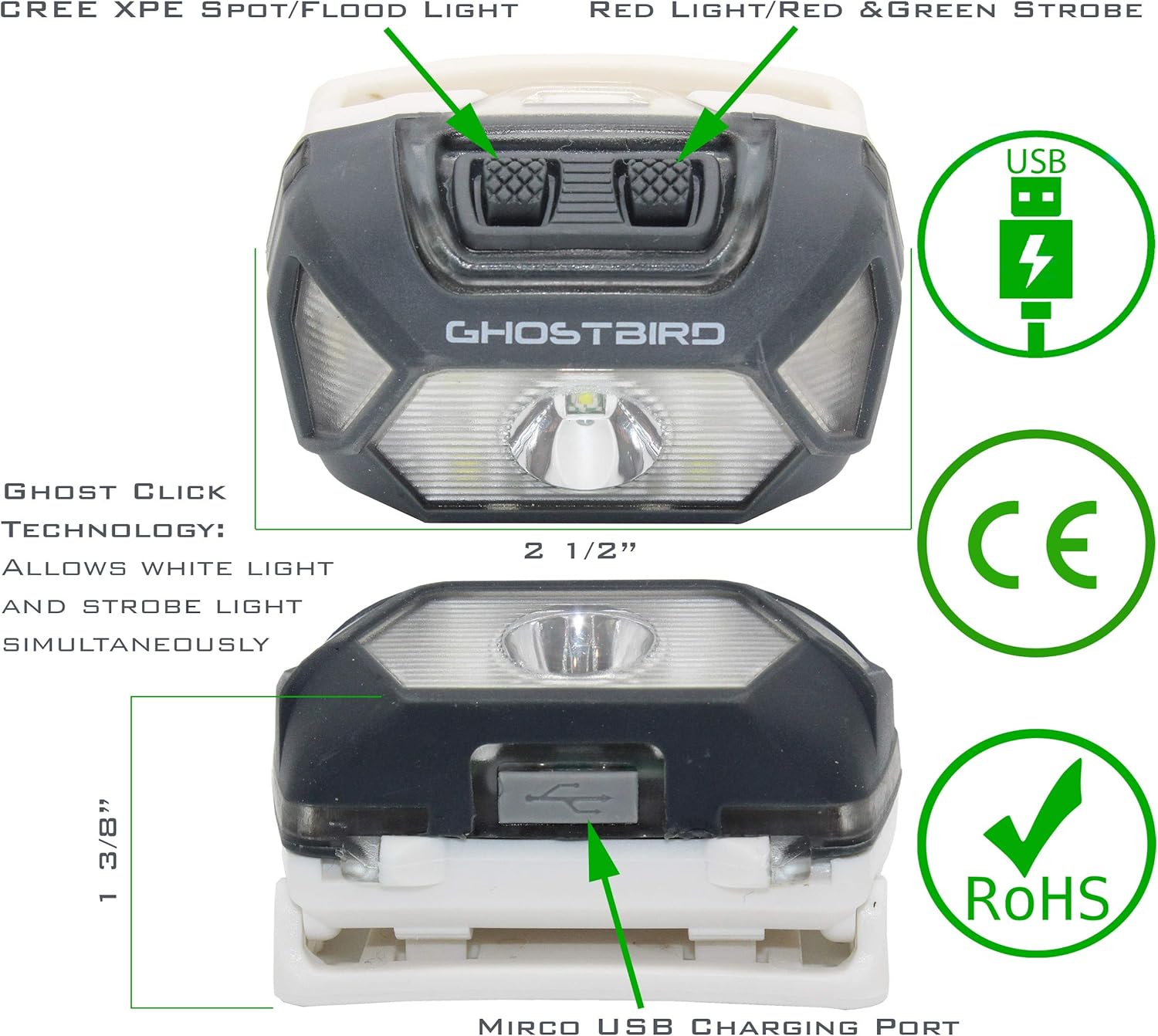 Ghost Bird Seiker X1 Head Lamp - LED Rechargeable Cree XPE - Waterproof IPX7, Freezeproof, Smashproof Perfect for Your Running, Camping, Backpacking, Hunting, and Cycling Adventures - - 