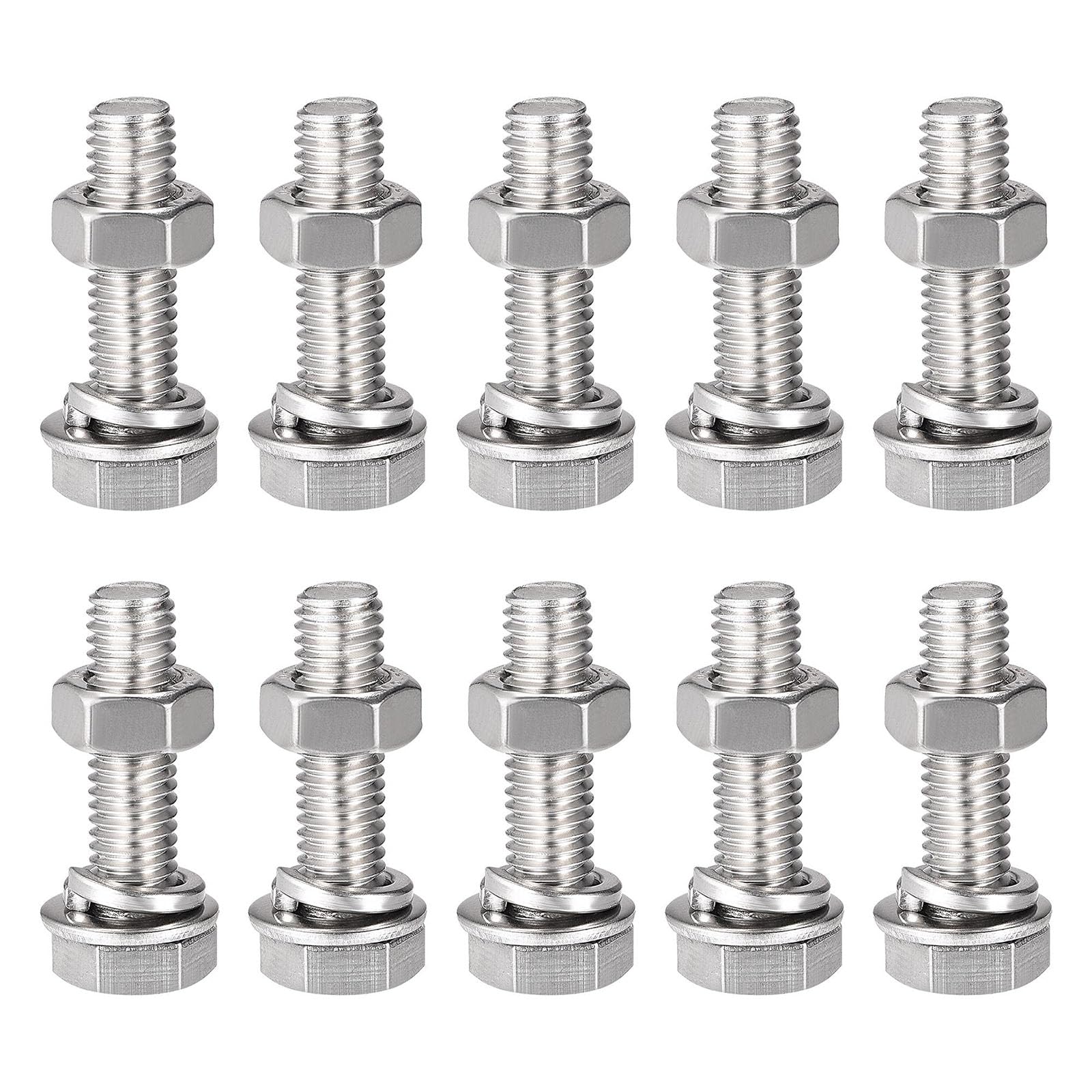 TOP-VIGOR 10Pcs M8 x 30mm Hex Head Screws Bolts, Nuts, Flat & Lock Washers Kits, 304 Stainless Steel Fully Thread Hexagon Bolts for DIY Bike Motorcycles Repair