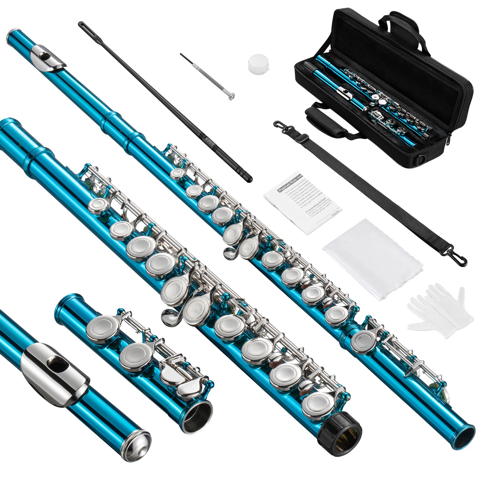 Photo 1 of POGOLAB Flutes, Closed Hole C 16 Keys Flute Instrument, Student Flute for Beginner School Orchestra Band, with Cleaning Kit, Carry Bag, Strap, Probe Rod, Gloves (Sky Blue)
