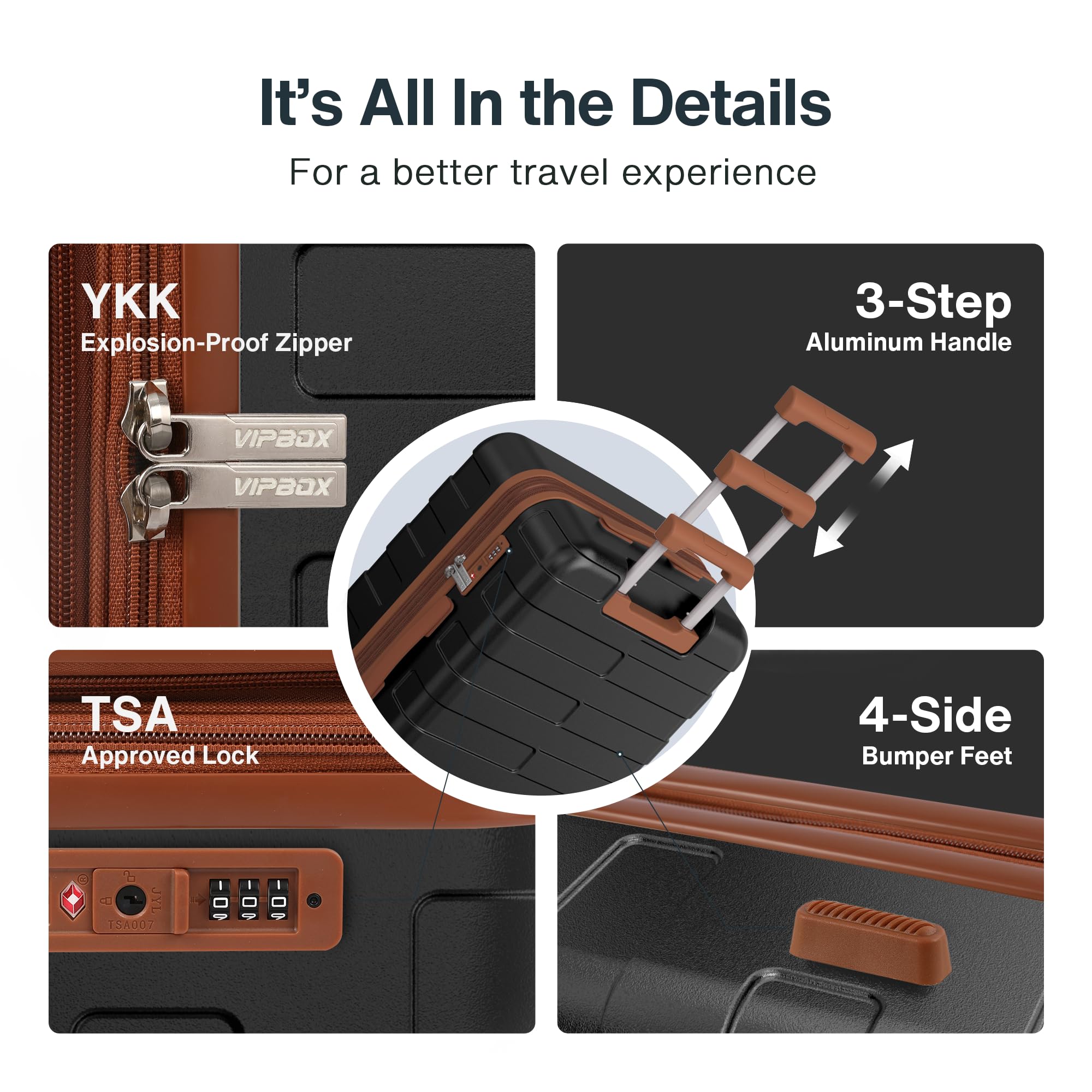 Vipbox Luggage Sets 3 Piece Hardshell Expandable (3-YEARS VIP SERVICE) Lightweight Ultra Durable 100% PC Carry On Travel Suitcase with TSA Lock Spinner Wheels, Premium Black