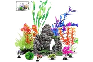 Aquarium Decorations Plants, 13Pcs Artificial Fish Tank Plastic Plants and Rock Decor Set, Applicable to Office and Household
