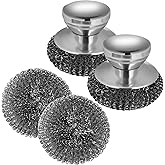2Pcs Steel Wool Scrubber with 2 Replacement Wool Pads, Metal Dish Scrubber with Handle Steel Wool Pads for Cleaning Iron Pots