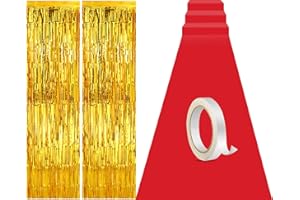 Tegeme Carpet Runner Aisle 2.6 x 30 Feet with Carpet Tape and 4 Pieces of 8.2 x 3.2 Feet Metal Tinsel Tassel Curtains for Halloween Birthday Wedding Party Decoration(Red)