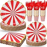 Meanplan 210 Pcs Carnival Party Supplies Decorations Circus Plates Red Stripe Paper Plates and Napkins Sets for Carnival Party Red and White Tableware Set Circus Holiday Supplies Favors