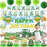 Tractor Birthday Decorations for Boys Girls Tractor Theme Party Supplies Includes Tractor Happy Birthday Banner Hanging Swirls Green Grass Farm Honeycomb Centerpieces Cake Topper Paper Pompoms