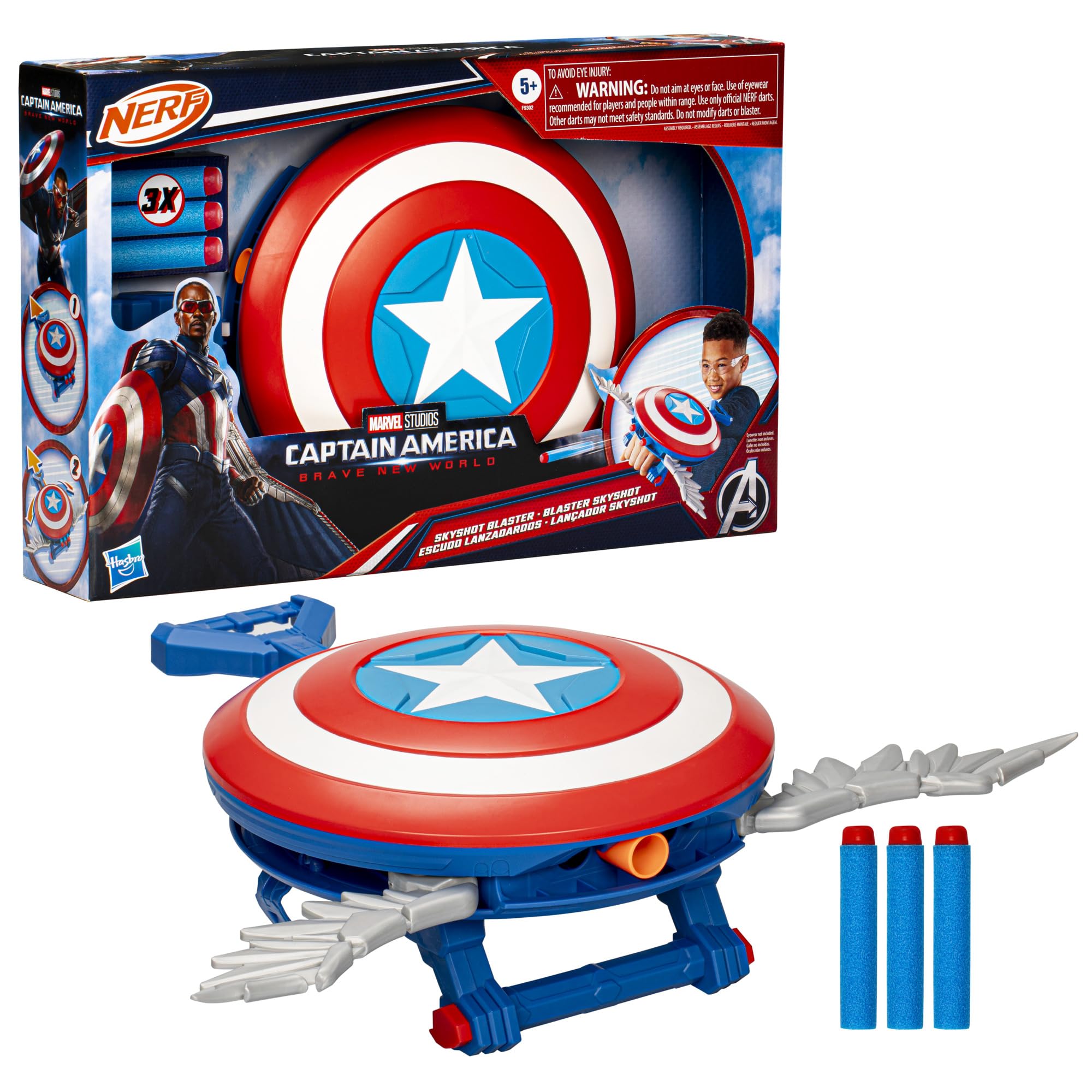 Marvel Studios Captain America Brave New World NERF Skyshot Blaster, Shield Roleplay Toy, Red
