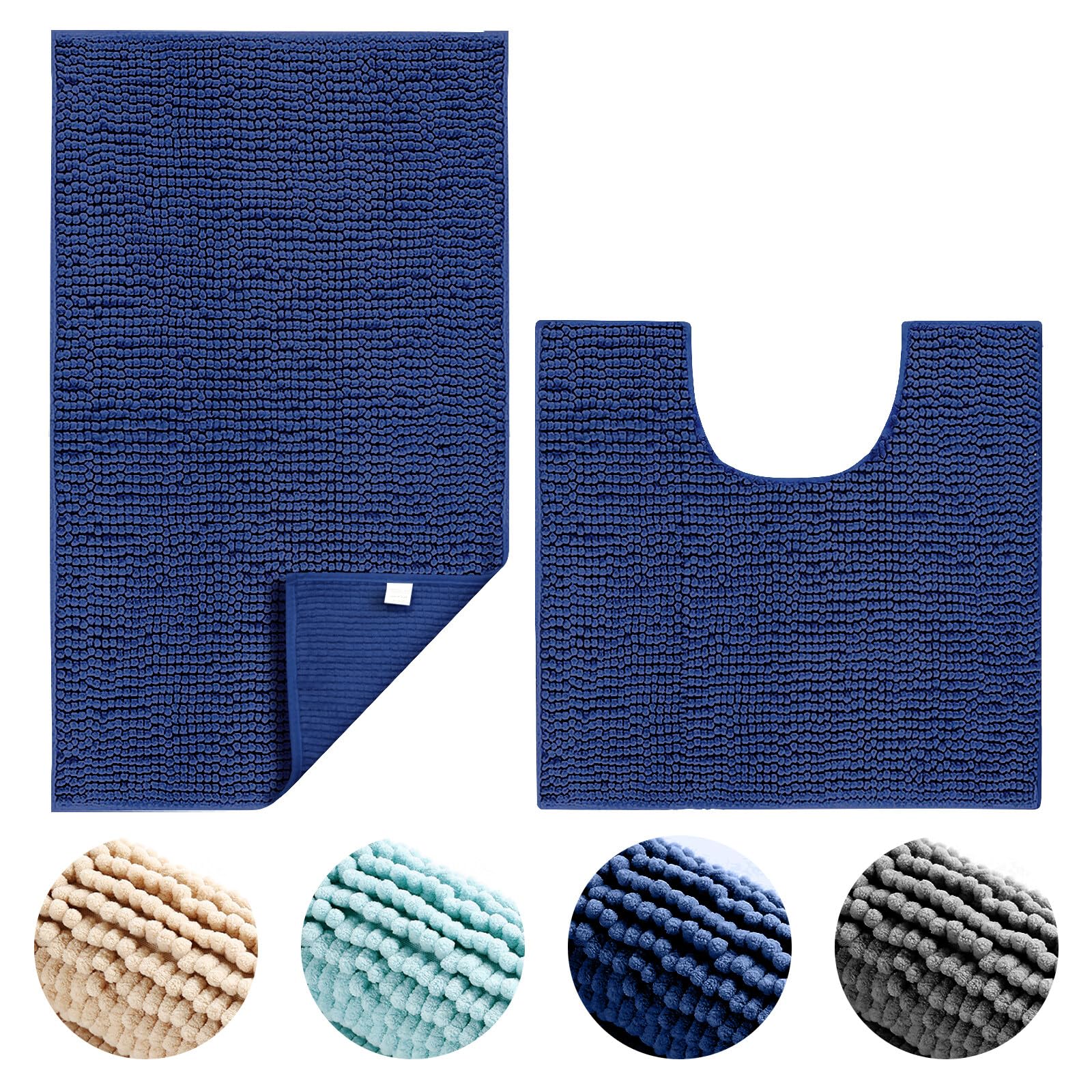 Hodeacc 2 Pcs Non Slip Chenille Bath Bathroom Mat Set,High Water Absorbent Density Soft Microfiber Toilet Pedestal Mat Machine Washable Bathroom Mats Carpet 50x50cm/50x80cm (Deep Blue)