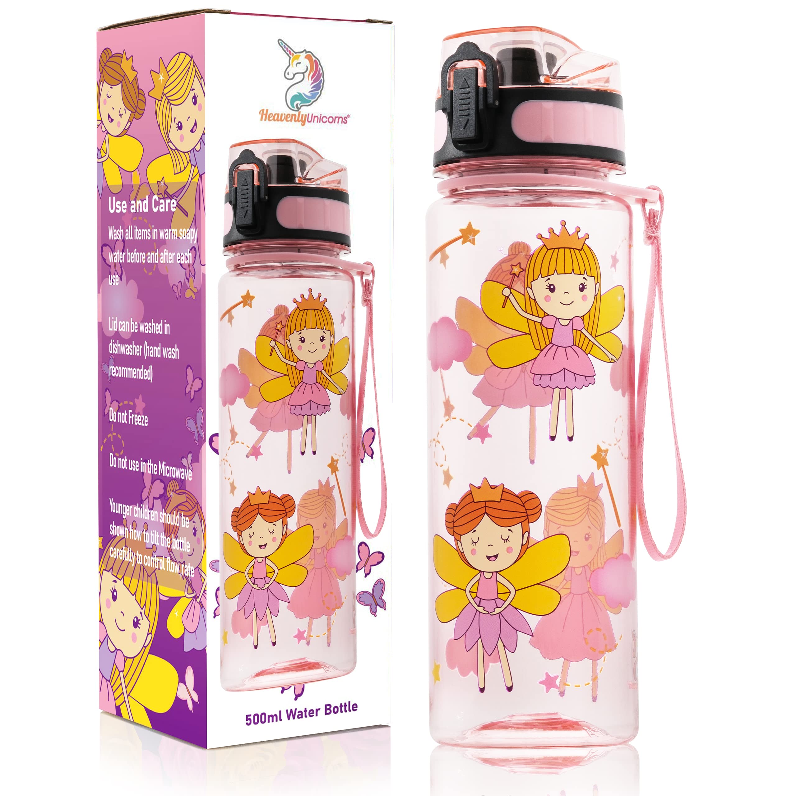 Kids Fairy 500ml BPA Free Tritan Water Bottle - Leakproof & Shatterproof, Pink Reusable Drinks Bottle for Kids, School, Work, Travel & Camping