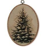 Yorhifa Vintage Christmas Tree Framed Wall Art, Winter Rustic Pine Tree Oval Wall Art, Antique Winter Xmas Oval Walls Decor, Farmhouse Christmas Holiday Canvas Artwork Hanging Decor, 8.5x11.5in