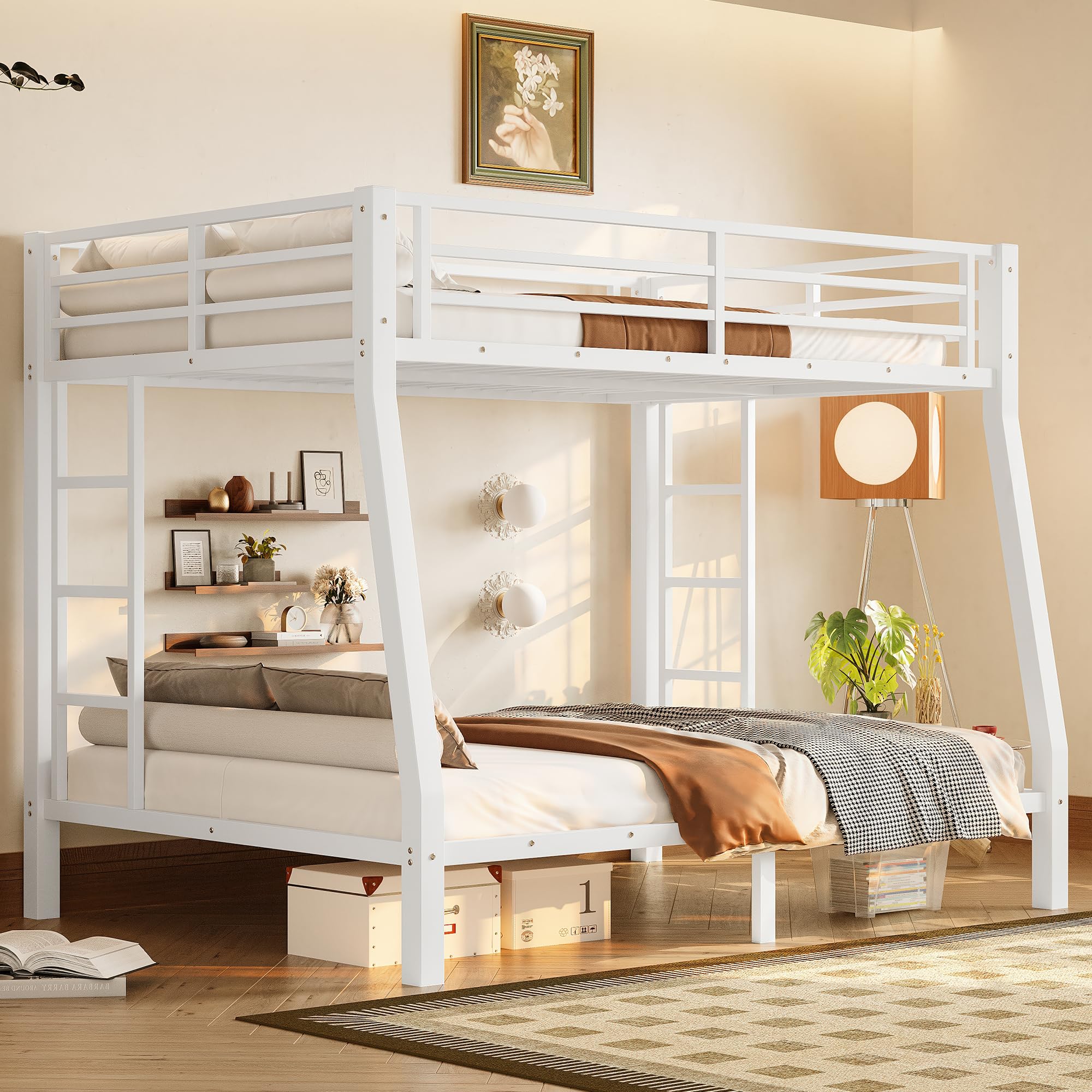 Photo 1 of ***NO REFUNDS AND OR RETURNS*****Bellemave Full XL Over Queen Bunk Bed with Ladders, Metal Bunk Beds Frame with Full-Length Guardrails, Heavy-Duty Bunkbed for Bedroom, Guest Room, Dorms, Noise-Reduce and No Spring Box Needed, White