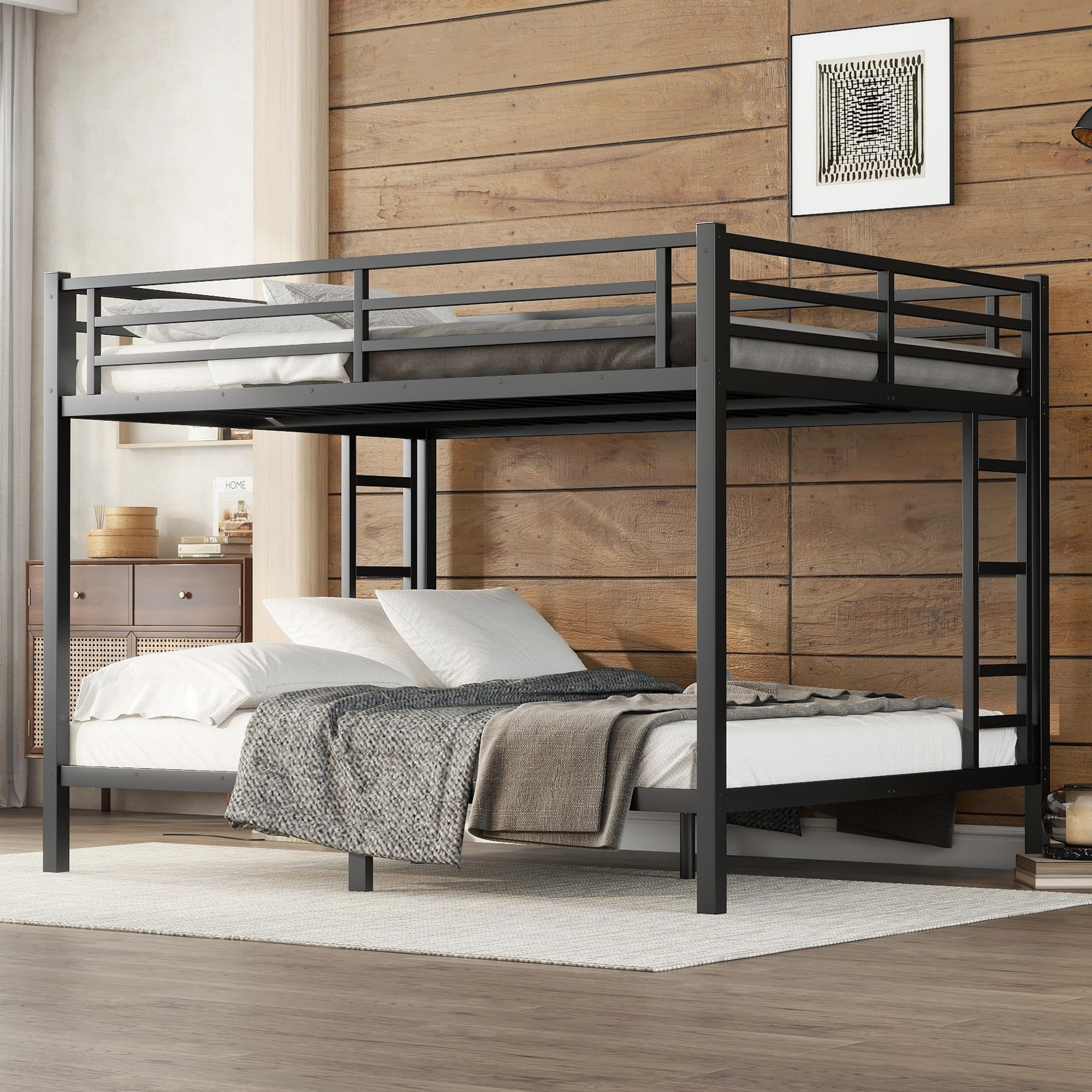 Photo 1 of ***SLATS ONLY***Zyerch Queen Over Queen Bunk Bed Frame, Metal Bed Heavy Duty Solid Bunk Beds with 2 Ladders for Kids/Adults, No Box Spring Needed Full Size Loft Double-Deck Beds Frame for Boys Girls,Black