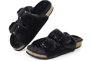 FITORY Womens Open Toe Slipper with Cozy Lining,Faux Rabbit Fur Cork Slide Sandals Size 6-11