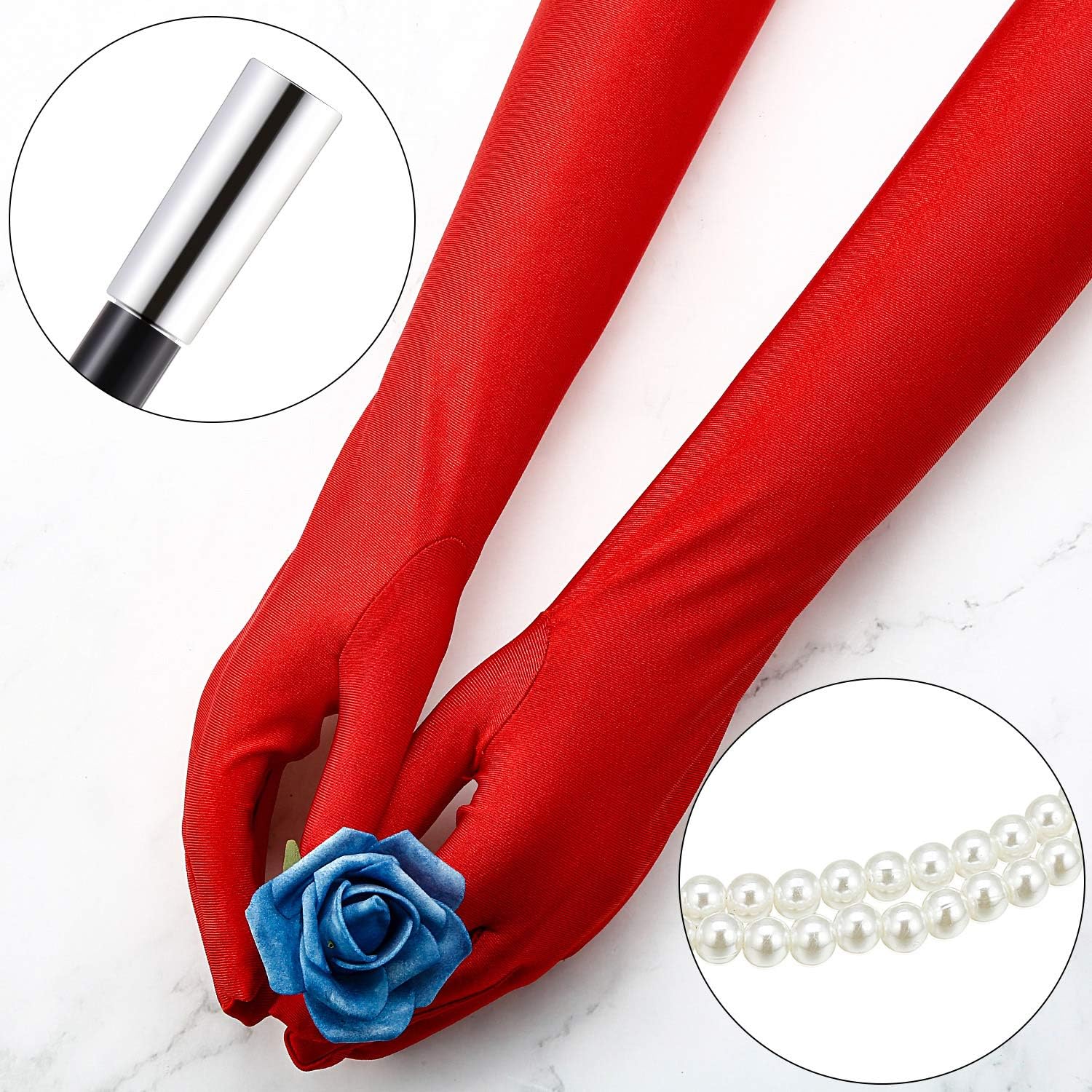 1920s Accessories Costume Fancy Dress Plastic Holder Pearl Beads Long Gloves Set (Red): Clothing