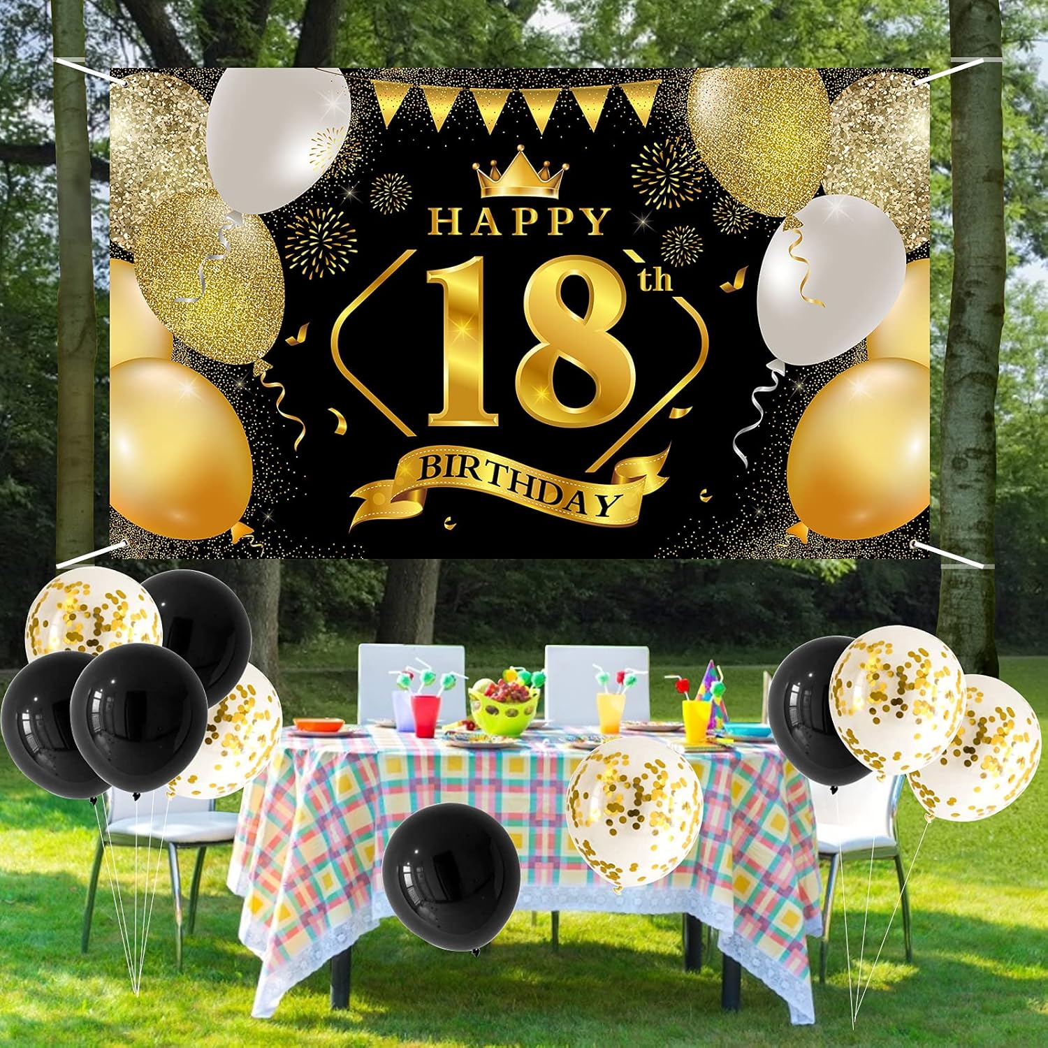Toile Fond Photographie D Anniversaire Pour En Decoration De Fete 18 Ans Deco Anniversaire Extra Large Banniere En Tissu Anniversaire Bannier 18 Ans Anniversaire Decoration Noir Et Or Cuisine Et Maison Decorations Et