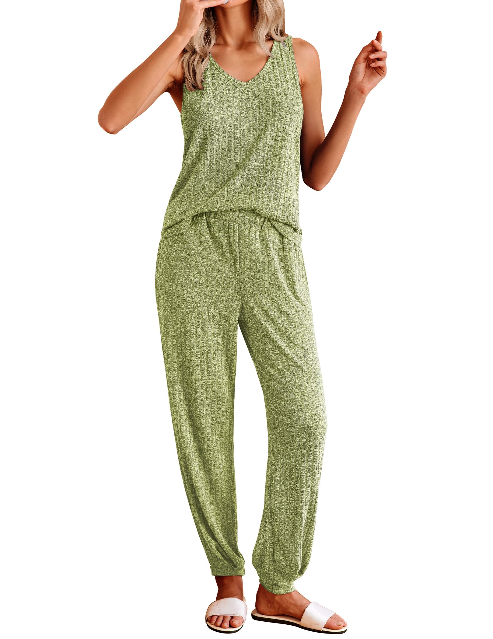 Ekouaer Women's Pajamas Sleeveless Summer Lounge Set Ribbed Knit Pj Loungewear Soft Tank Sleepwear Nightwear Light Green Small
