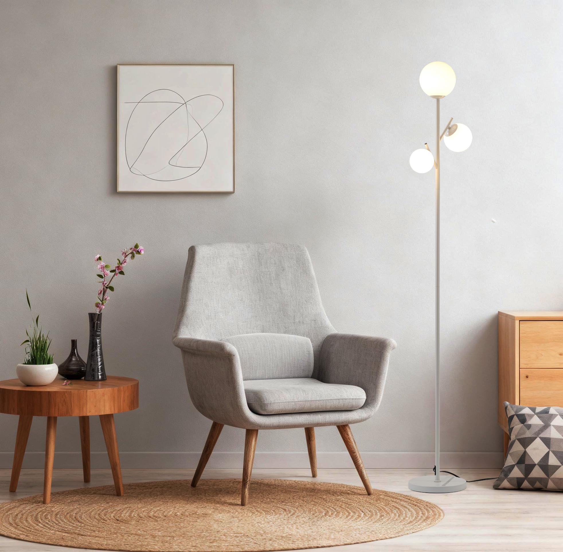 Photo 1 of Fiqevs White Mid Century Floor Lamp, Modern 3 Globe Standing Lamp with 3 LED Bulbs & Arcing Frosted Glass Shades, Boho Rustic Tall Tree Lamp for Living Room, Bedroom & Office