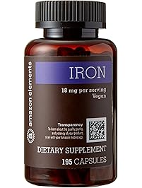 Amazon Brand - Amazon Elements Iron 18mg, Vegan, 195 Capsules, 6 Month Supply