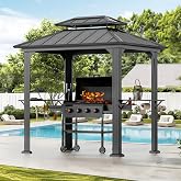 Modern Shade Aluminum Grill Gazebo 6x8 with USB Charging Power Strip, Black | BBQ Gazebos with Shelves &amp; Hooks, Grill Canopy Hardtop with Galvanized Steel Double Roof, Extra-Wide Column Design for Patio