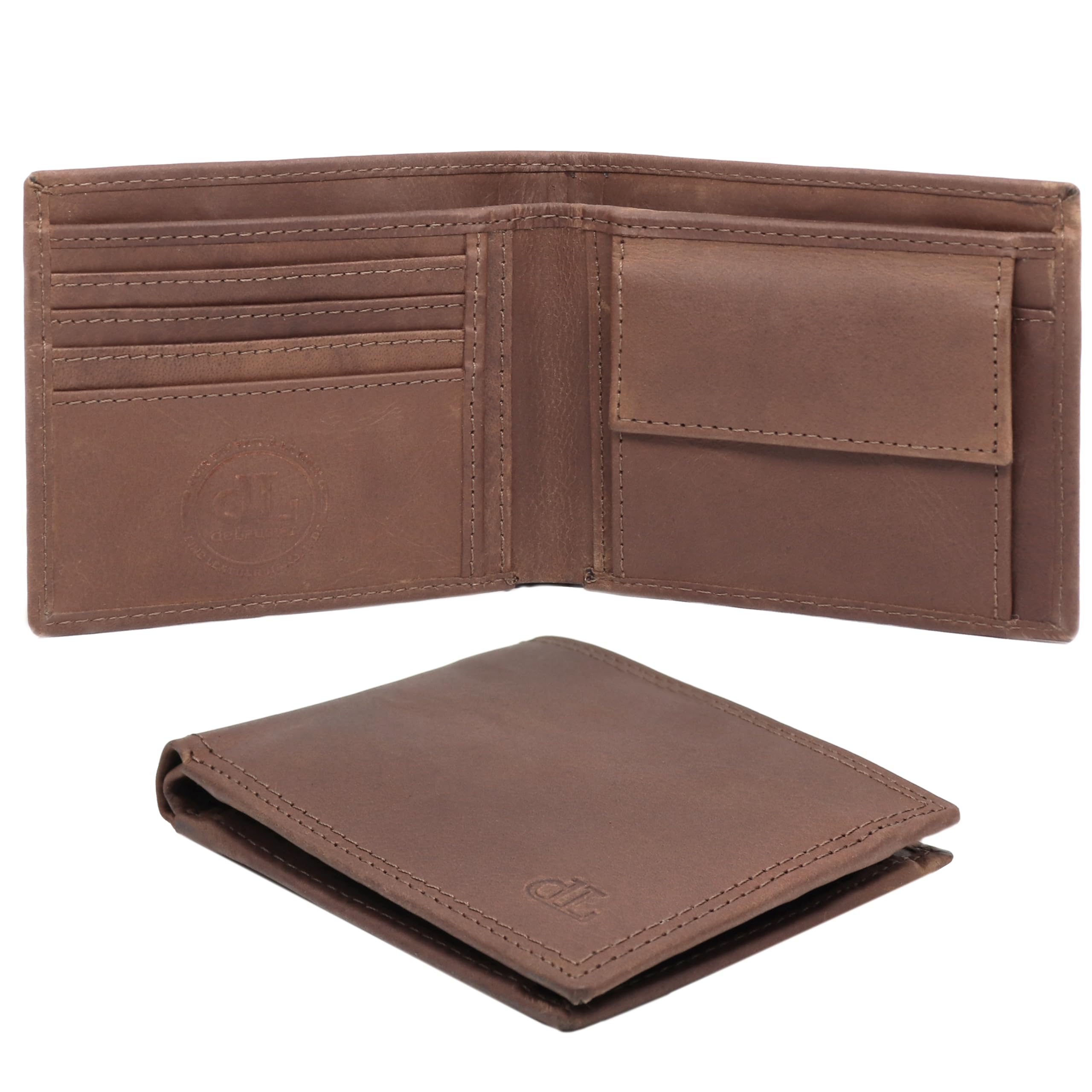 deLausier La Première | Handmade Slim Mens Wallet in Fine Leather, with RFID Blocking, Coin Pocket and 7 Credit Card Holder Slots, in Wooden Gift Box (Brown)