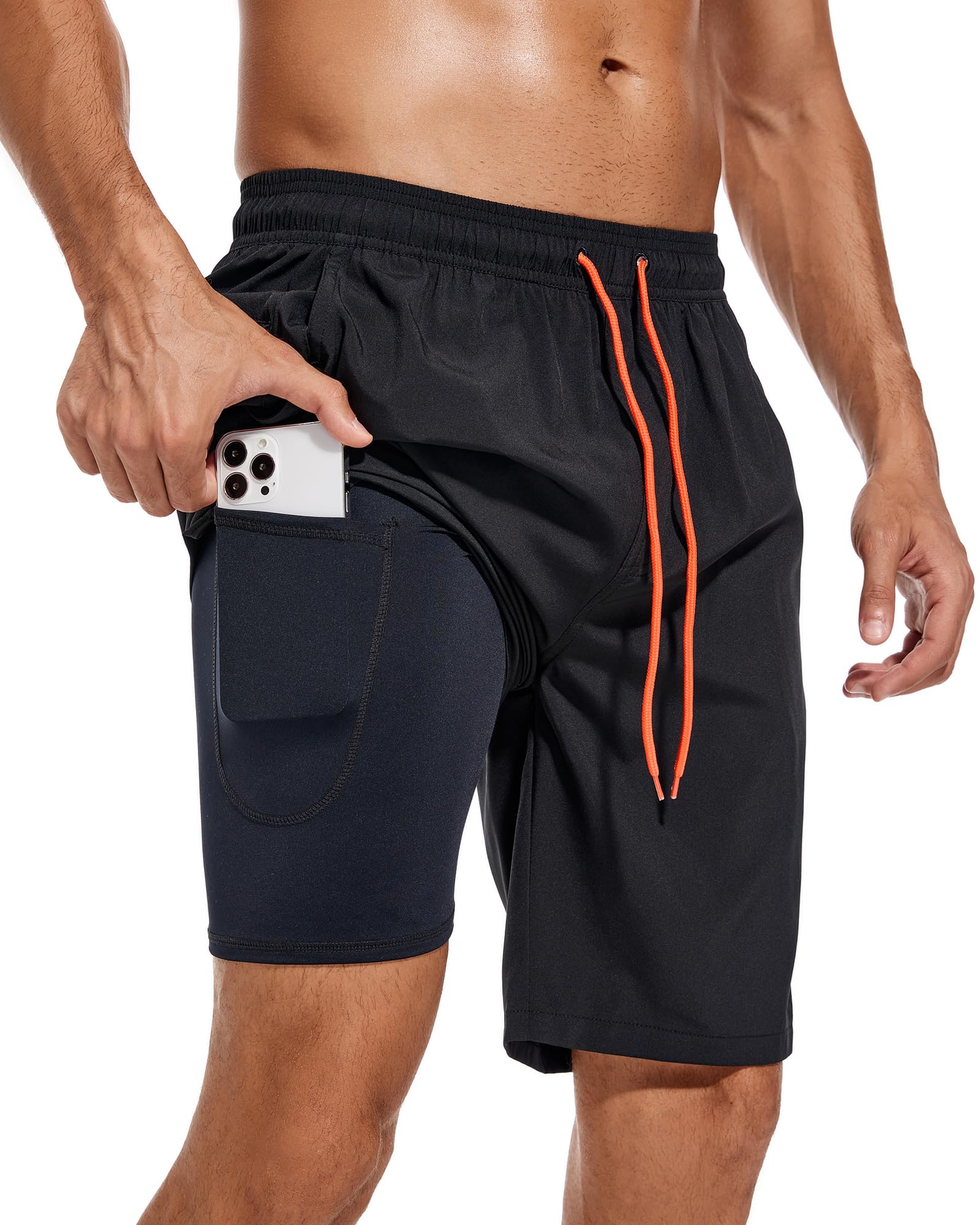 Photo 1 of difficort Mens Swim Trunks Quick Dry Bathing Suit 9 inch Inseam Board Shorts with Compression Liner and Zipper Pocket,Black,X-Large
